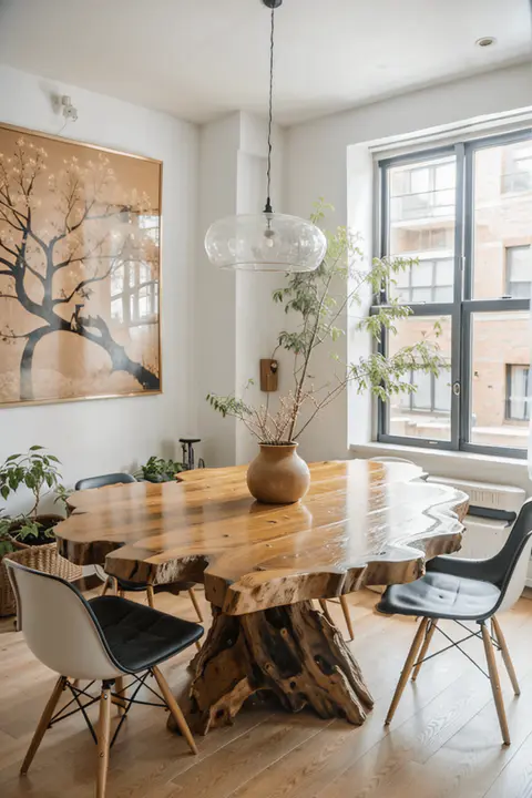 Wide shot of a small dining room featuring a round live edge dining table and modern chairs.