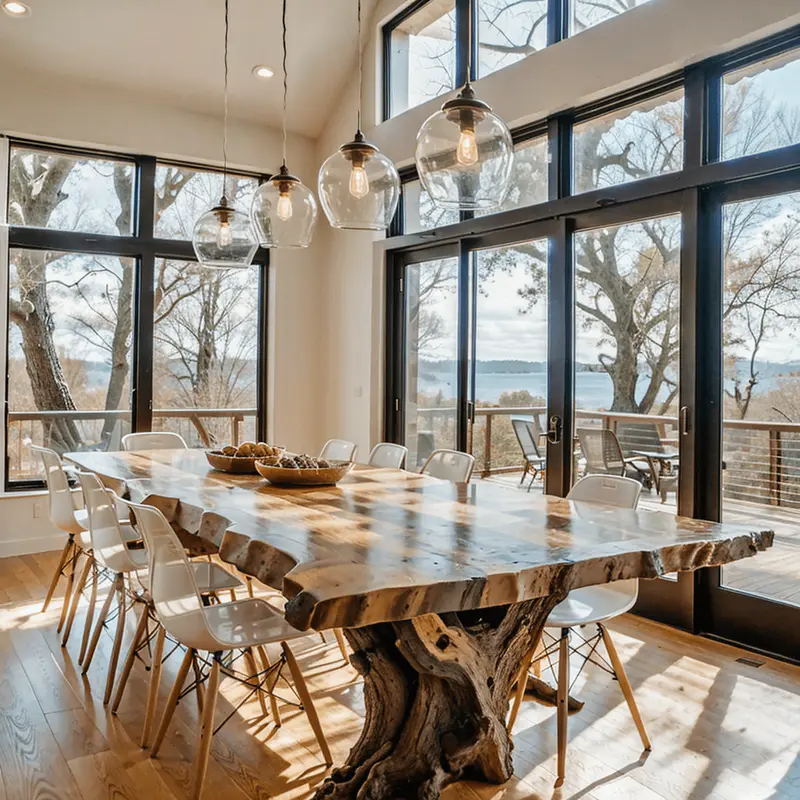 Wide shot of a small living room with a live edge wood dining table and minimalistic, modern acrylic chairs.