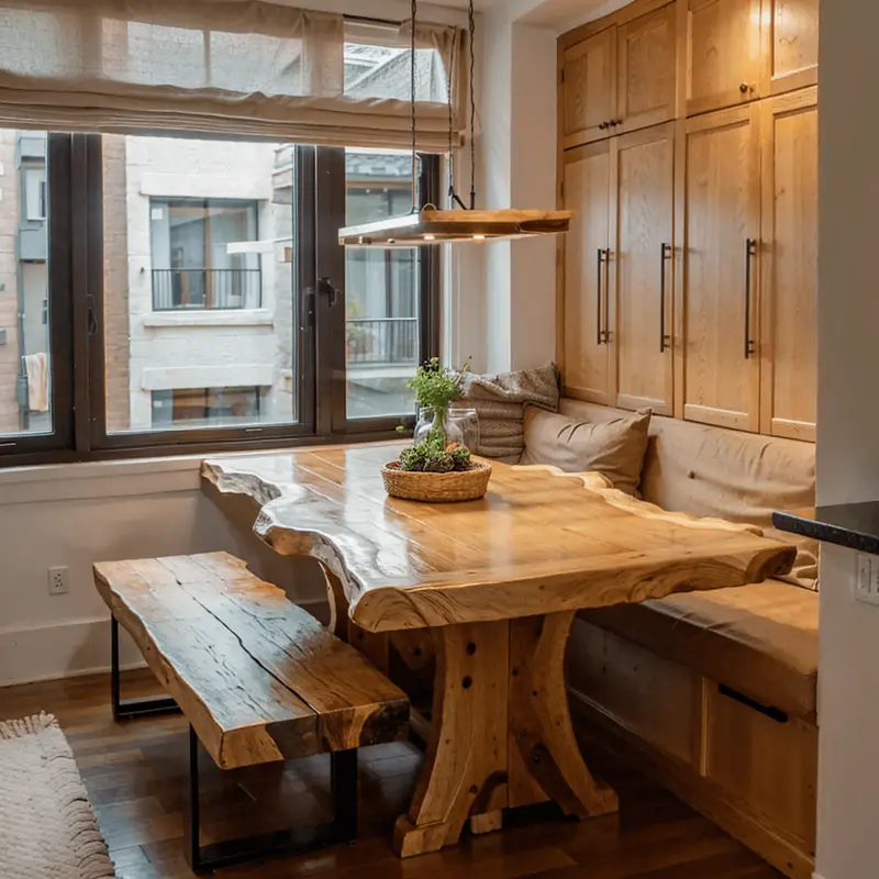 Wide shot of a small, modern dining area with live-edge maple table and benches with storage