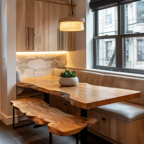Wide shot of a small, modern dining area with live-edge maple table and benches with storage