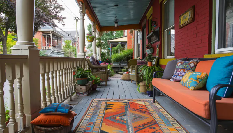 Wide shot of a street with uniquely designed front porches
