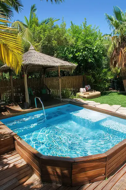 above ground pool with hut and chairs shade