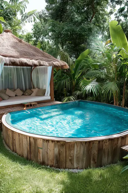 above ground pool with hut sofa shade and curtains