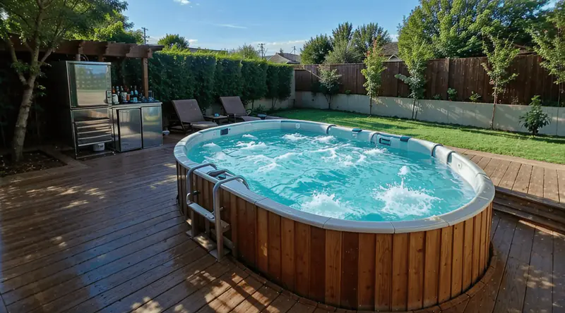 above ground pool with mini fridge bar drinks