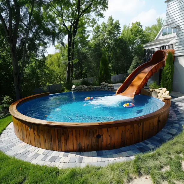 above ground pool with mini slide slip fun attached to a house