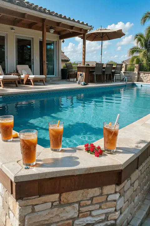 above ground pool with shade next to it, and bar closet to the pool