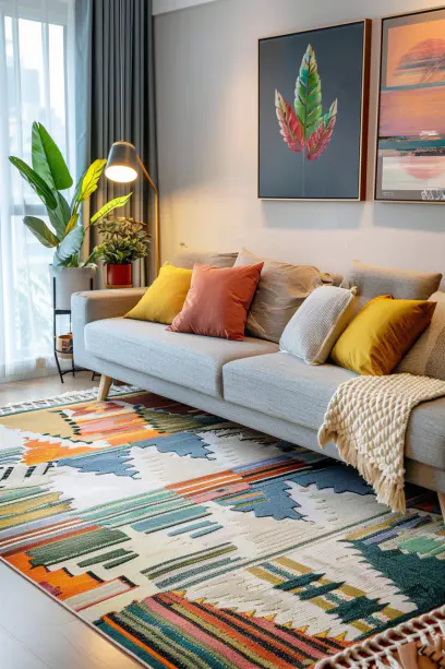 area rugs in living room, synthetic fiber rugs, vibrant and muted rug patterns