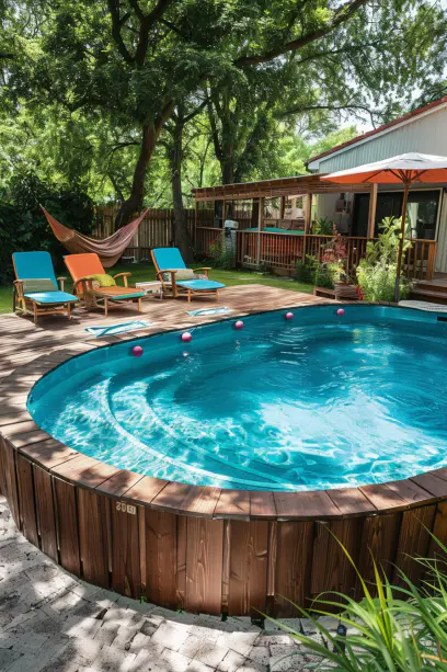 backyard above ground pool Adjacent Lounges lounge chairs and hammocks