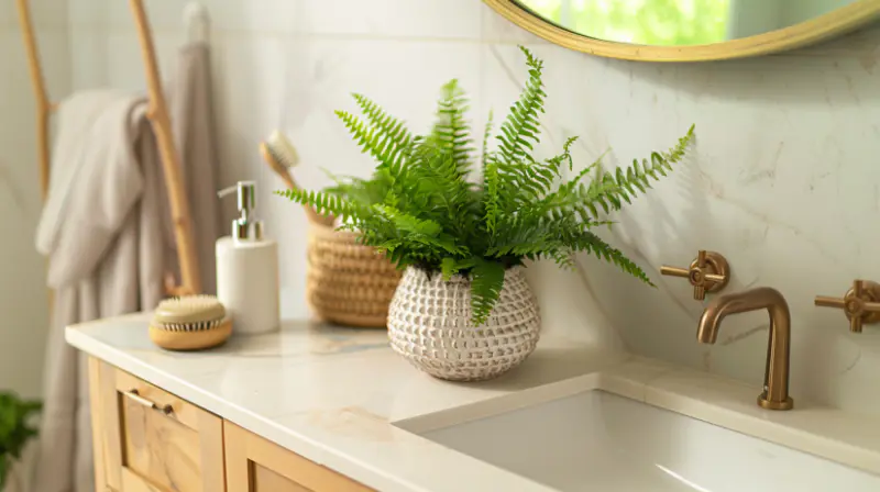 bathroom countertop adorned with a lush Boston Fern