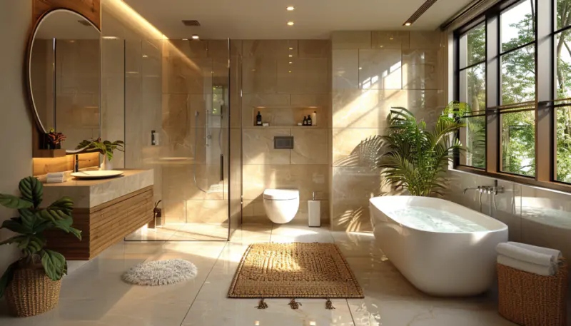 bathroom with lighter woods japandi style
