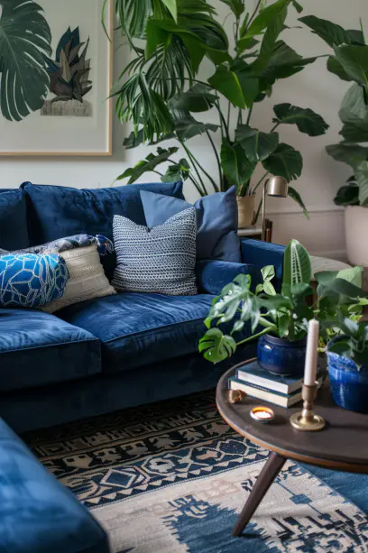 blue living room with monstera plant