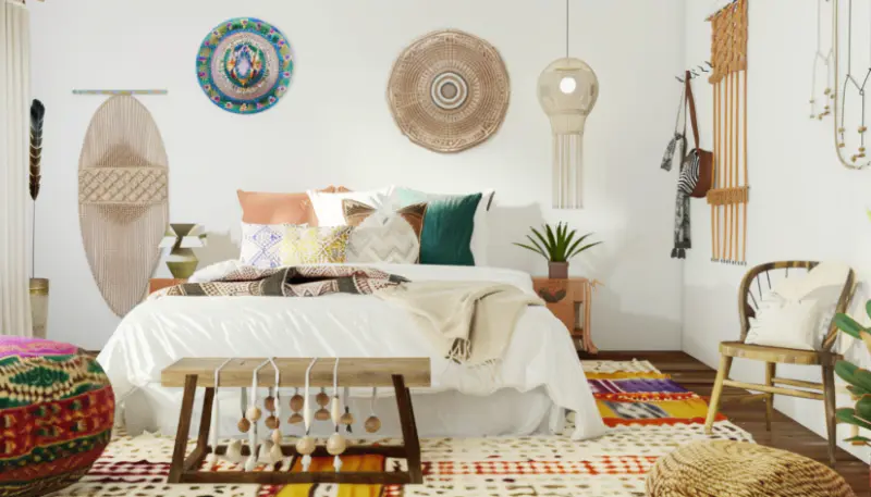 boho bedroom decor, color schemes, warm neutrals, soft pastels, bold colors.