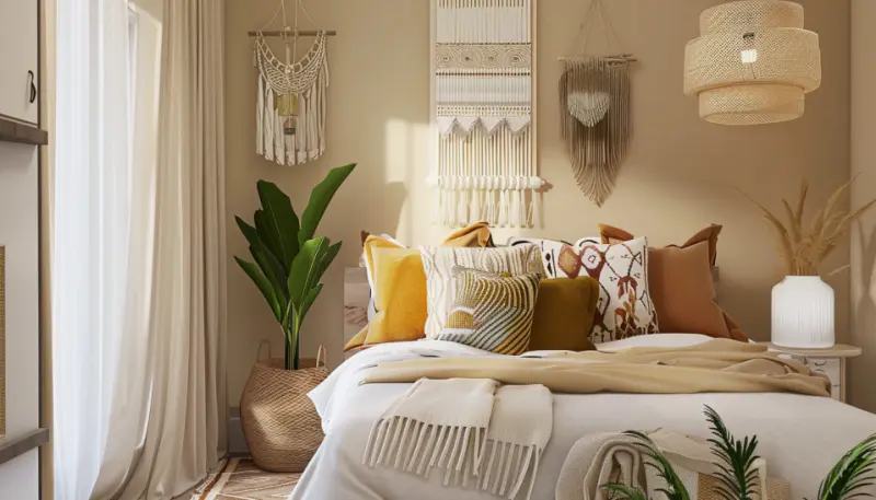 boho bedroom decor, color schemes, warm neutrals, soft pastels, bold colors neutrals