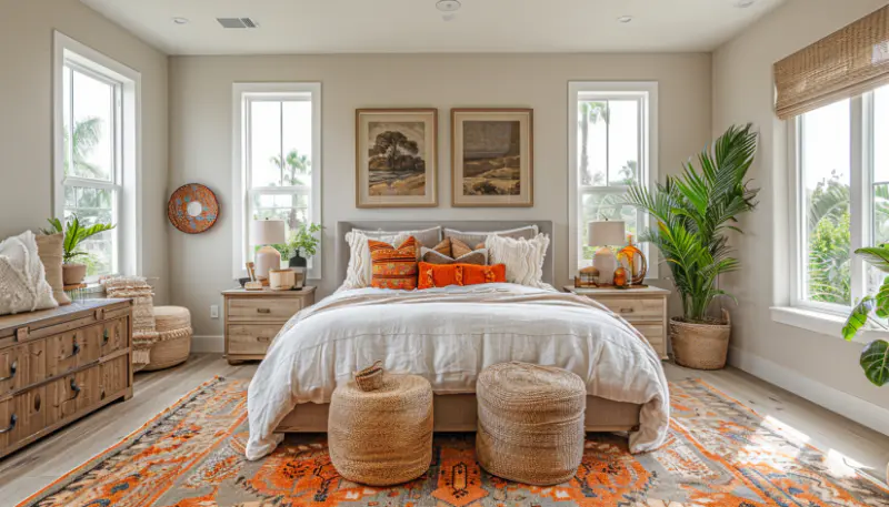 boho bedroom decor, color schemes, warm neutrals, soft pastels, bold colors wide room