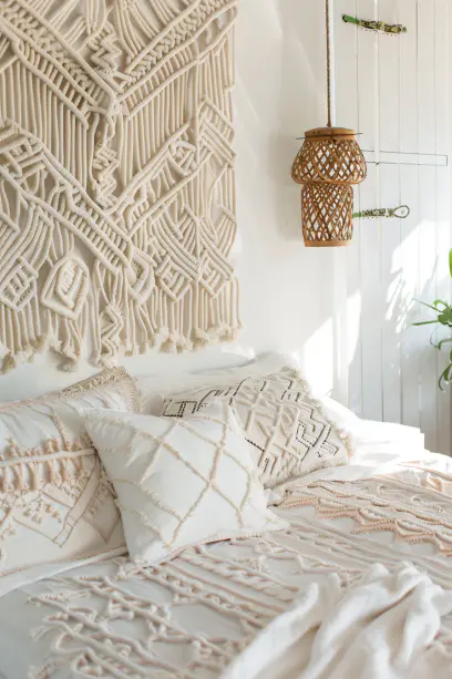 boho bedroom, macramé wall hangings, intricate patterns, artisanal decor