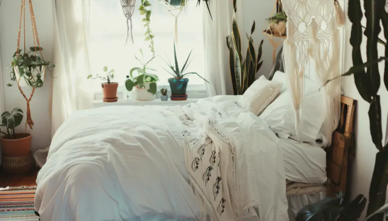boho bedroom, natural elements, succulents, hanging terrariums, natural wood furniture