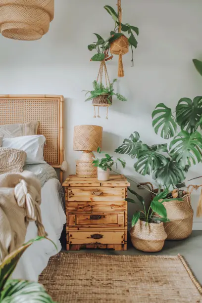 boho bedroom, natural elements, wooden furniture, indoor plants, bamboo nightstand, wooden chest, Monstera, potted plants