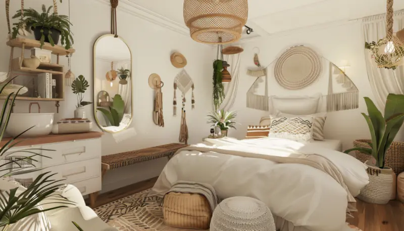boho bedroom, small space, vertical storage, multipurpose furniture, mirror