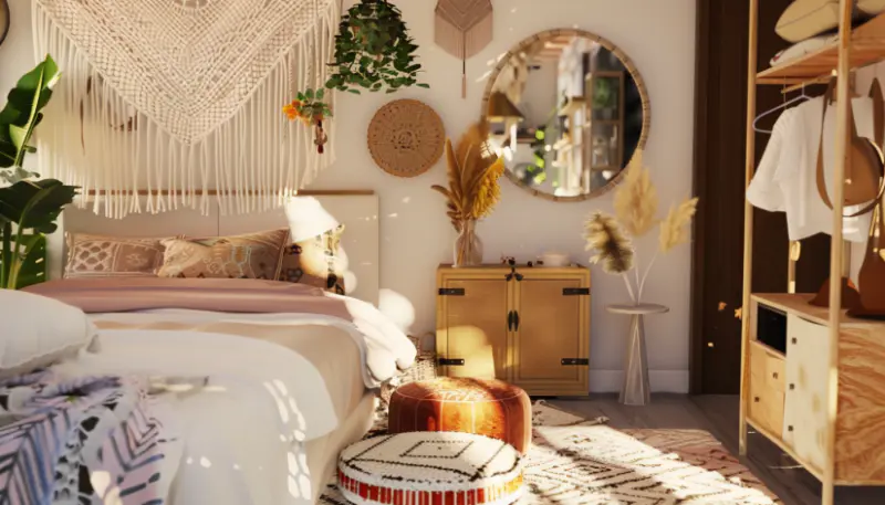 boho bedroom, small space, vertical storage, multipurpose furniture, mirrors ..