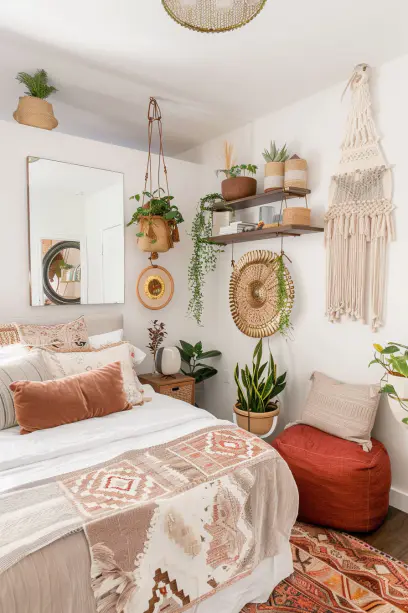 boho bedroom, small space, vertical storage, multipurpose furniture, mirrors.