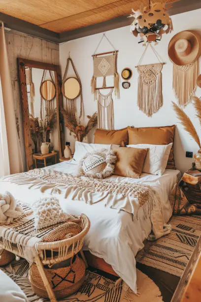 boho bedroom, small space, vertical storage, multipurpose furniture, mirrors