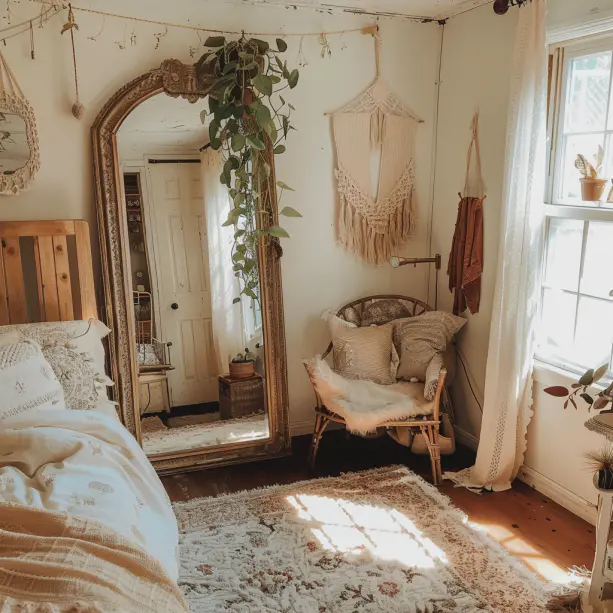 boho bedroom, small space, vertical storage, multipurpose furniture, mirrors design