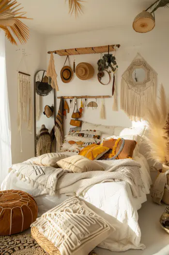 boho bedroom, small space, vertical storage, multipurpose furniture, mirrors...