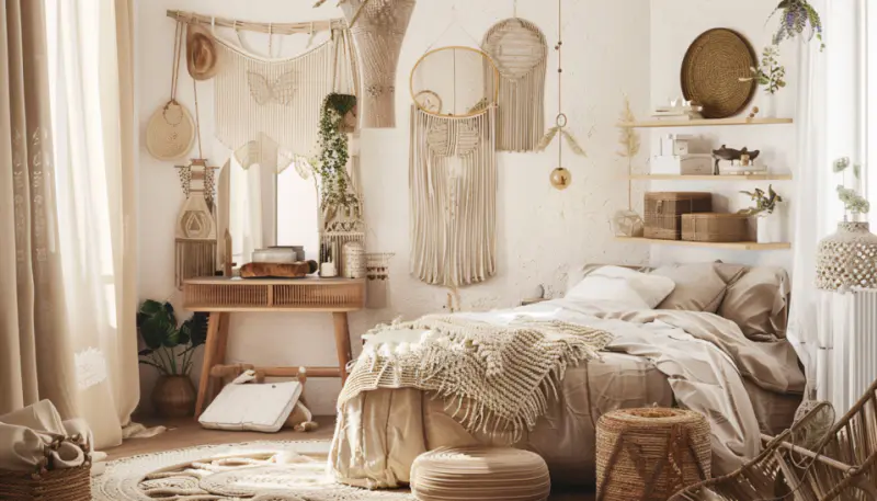 boho bedroom, small space, vertical storage, multipurpose furniture
