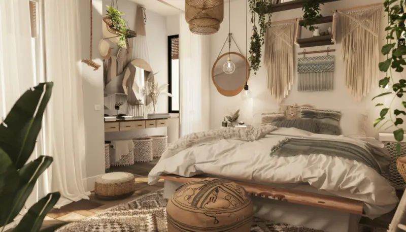 boho bedroom, small space, vertical storage, multipurpose