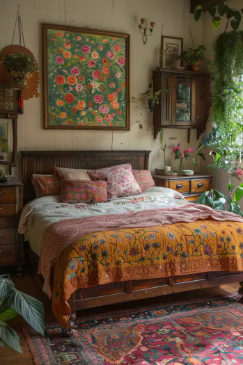 boho bedroom, vintage, DIY, hand-painted mural, thrift store lamps, handmade throw pillows