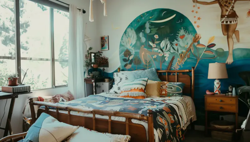 boho bedroom, vintage, DIY, hand-painted mural, thrift store lamps, handmade throw pillows wall gorgeous art