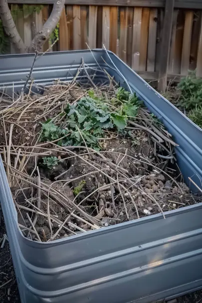 first layer with large limbs , leaves for bed raised garden
