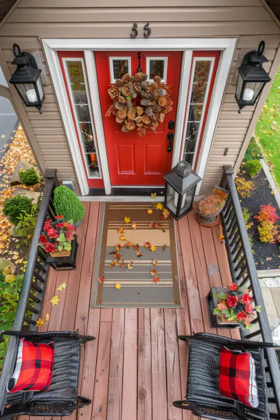 front porch decorated Seasonal Wreaths flowers