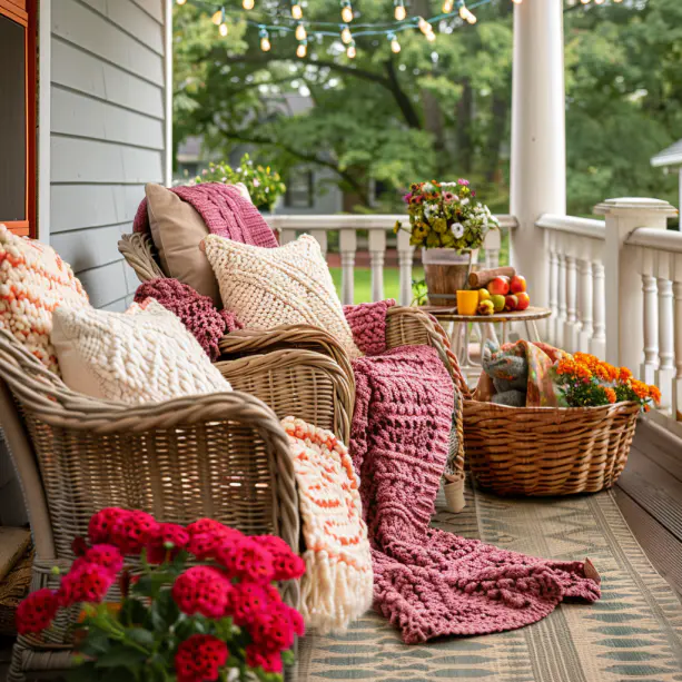 front porch decorated with throws