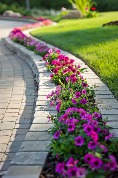 garden with economical concrete paver brick edging