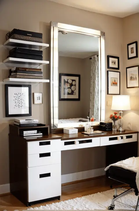 giant mirror Multi-purpose desk Vanity and computer desk Functional furniture makeup