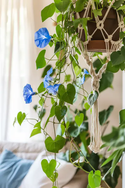 indoor hanging plants, Morning Glory, bohemian decor, natural lighting, cozy interior
