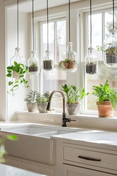 indoor hanging plants, glass terrariums, window backdrop, serene living room, sunlight through leaves