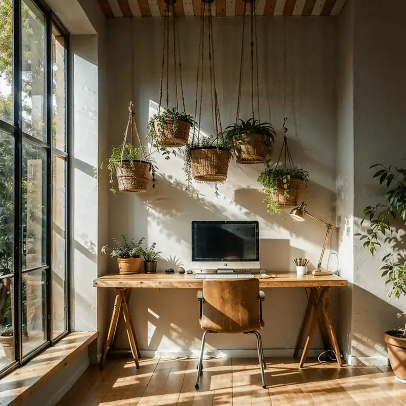 industrial living room, hanging plants, geometric plant holders, modern décor, natural light