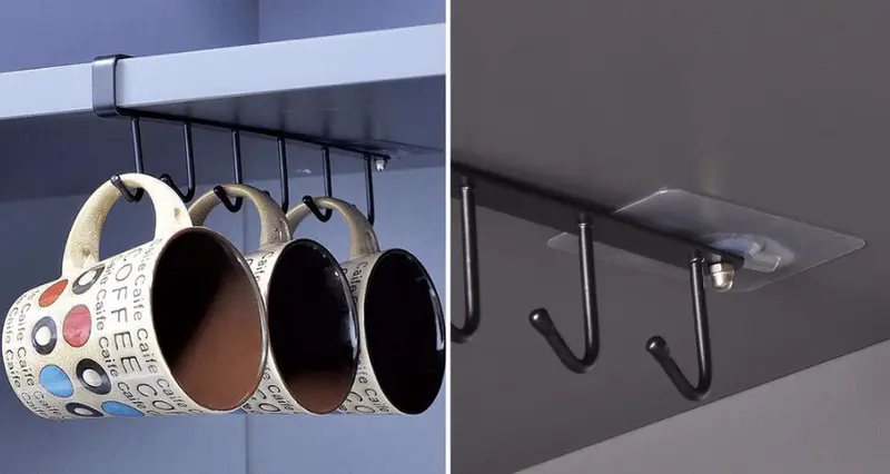 kitchen cupboard, mug hooks, space-saving, colorful mugs, vertical storage
