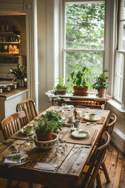 kitchen with low light plants in the cornes window sills