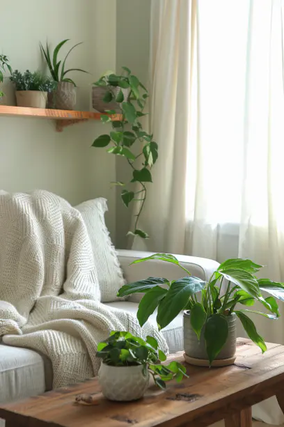 low light living room with plants