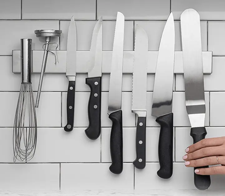 organized kitchen, magnetic knife strip, space-saving storage