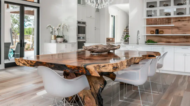 panoramic dining room table live edge plastic chairs modern