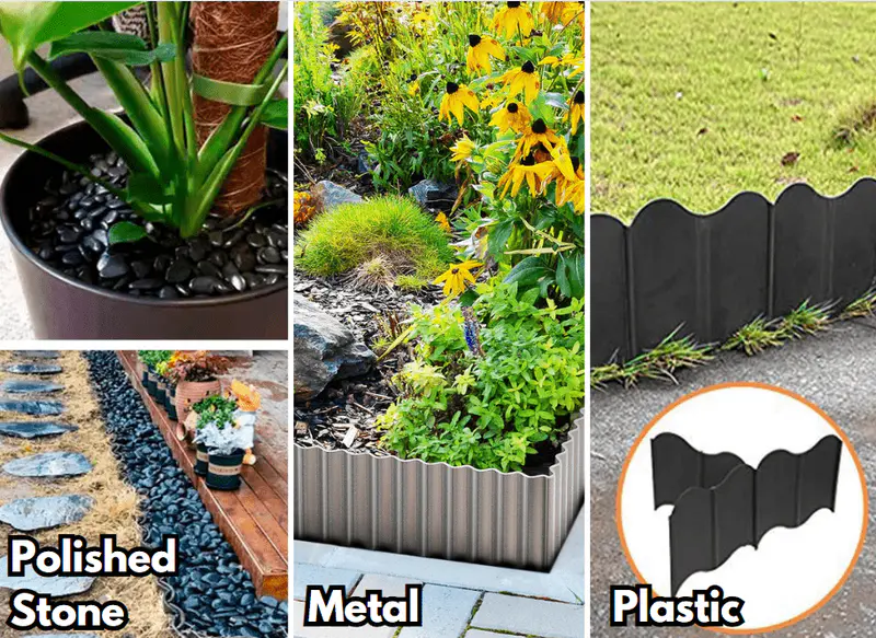 polished stone, metal and plastic garden edge