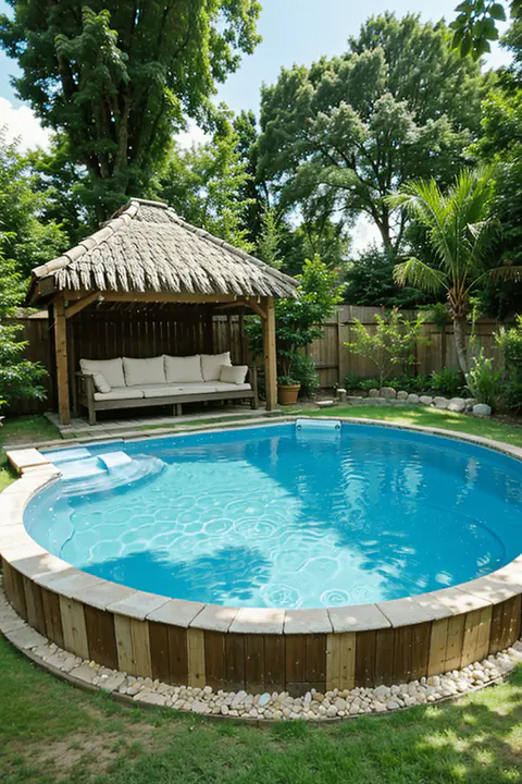 poolside hut above ground with shade sofa