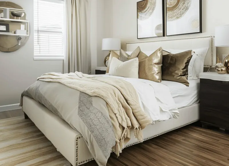 small bedroom, decorative pillows, velvet, linen, luxury, comfort, space-enhancing, minimalist, smart storage, ambient lighting