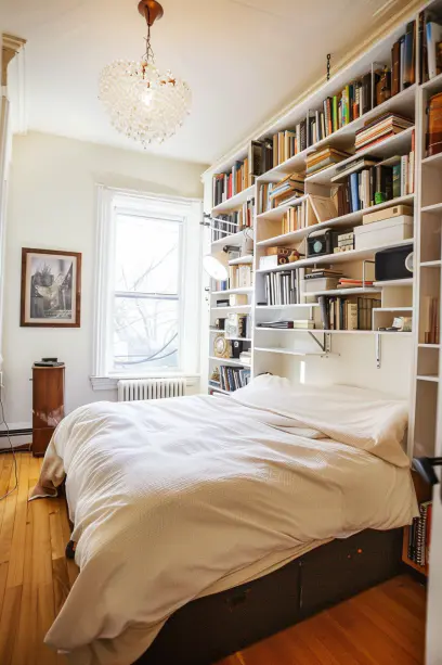 small bedroom design, vertical storage, space maximizing, ceiling bookcases, natural light, spacious interior