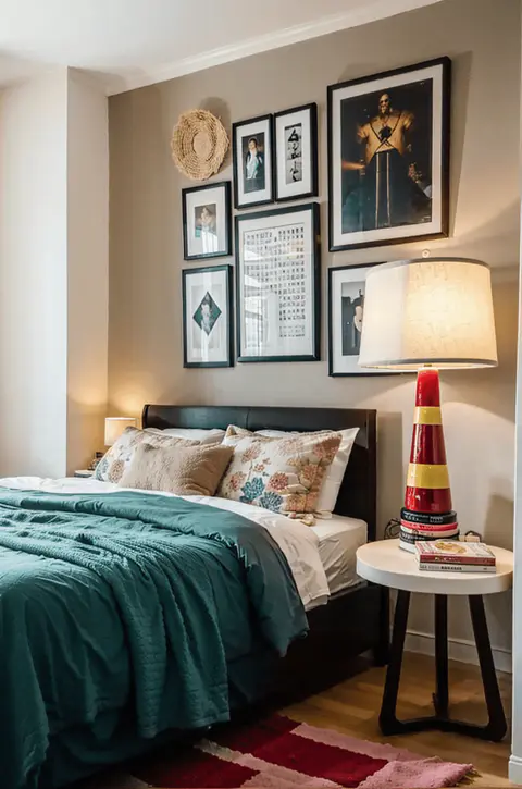 small bedroom, eclectic wall art, gallery wall, cozy bedroom decor, efficient space use, vibrant artwork