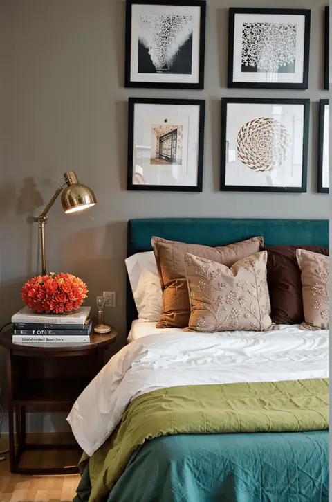 small bedroom, eclectic wall art, gallery wall, cozy bedroom decor, efficient space use, vibrant artwork..